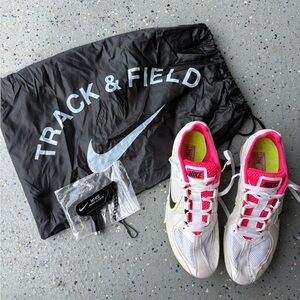 Nike White and Pink Track Shoes with Black Bag